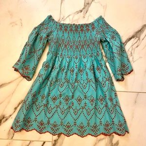 Aqua and Coral Off the Shoulder Scallop Dress